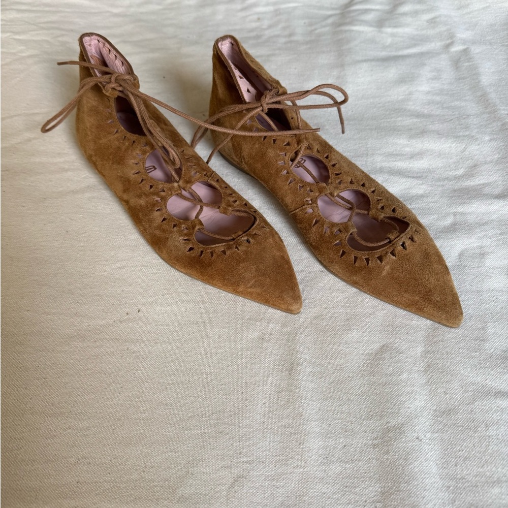 Pretty Ballerinas Tan Suede Pointed Lace-Up Flats with Cutouts